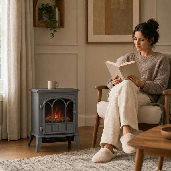 Freestanding Electric Fireplace, Electric Log Burner with LED Flame Effect, Overheating Safety System, 1000W/2000W Grey