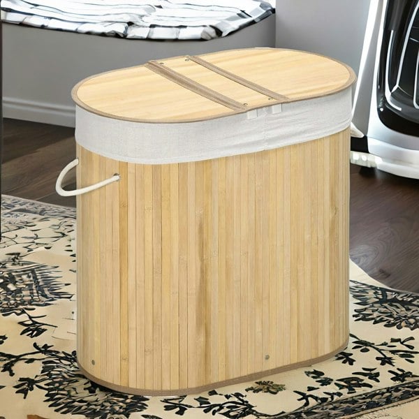 BMBO Wooden Double Laundry Basket With Lid & Removable Lining