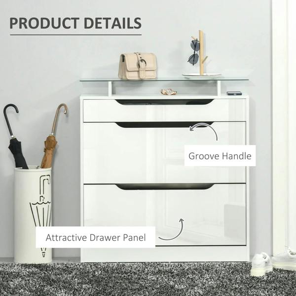 White shoe cabinet front with groove handle and drawer panel details