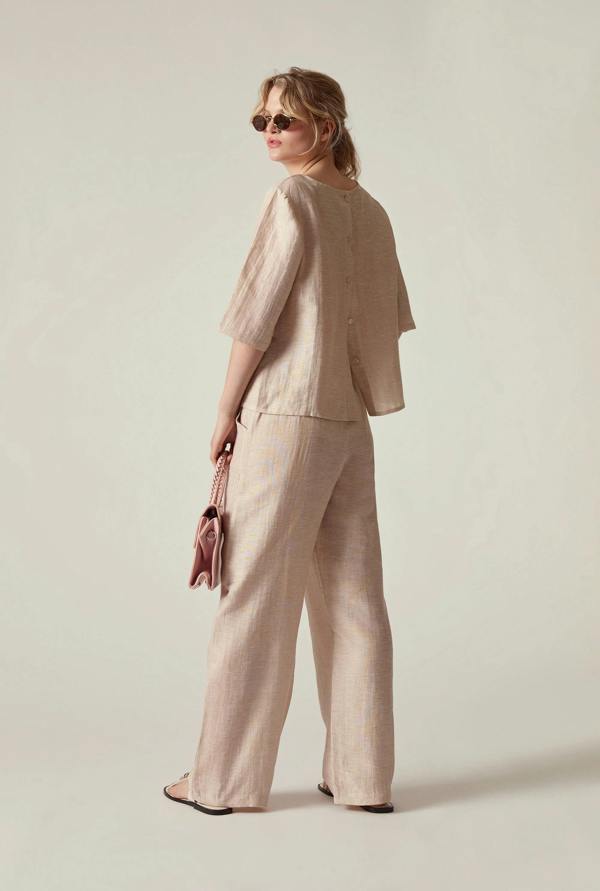 James Lakeland Beige Linen Blend Button-Back Top