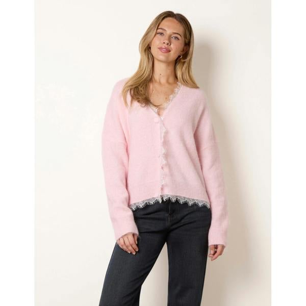Blue Vanilla Lace Trim V Neck Knitted Cardigan