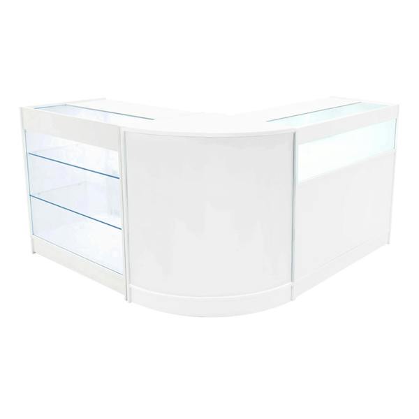 Triton LED Shop Counter Set in white, featuring a sleek design with glass shelves and illuminated display areas for products