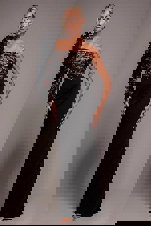 One Shoulder Organza  Fan Detail Lace Bodice Maxi Dress - Black DR4577