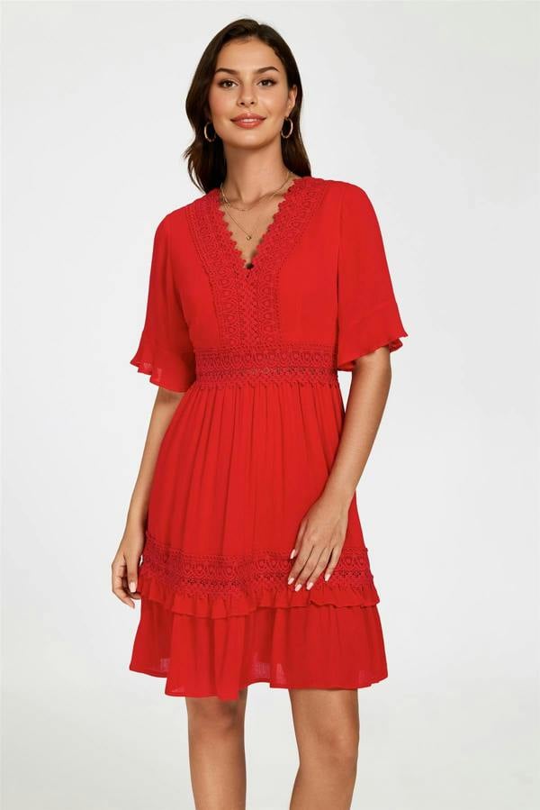 FS Collection V Neck Lace Mini Dress In Red
