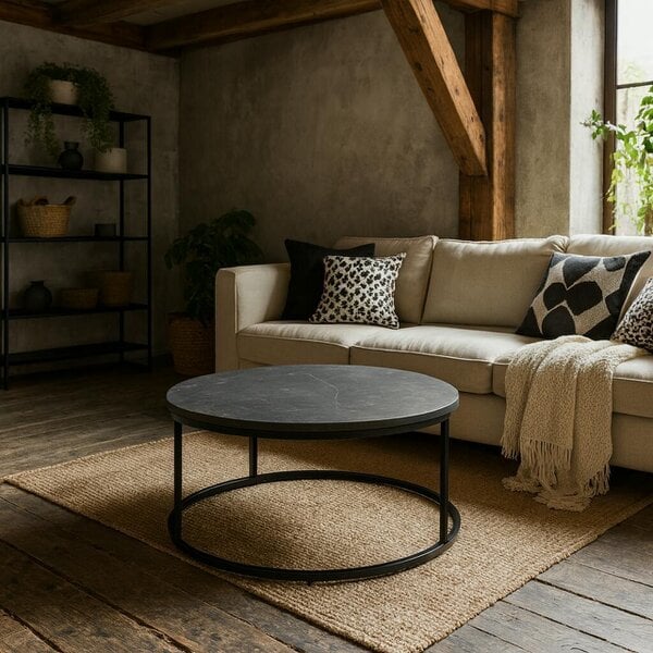 Wyld Haus Odense Round Black Marble Effect Coffee Table Black Metal Legs