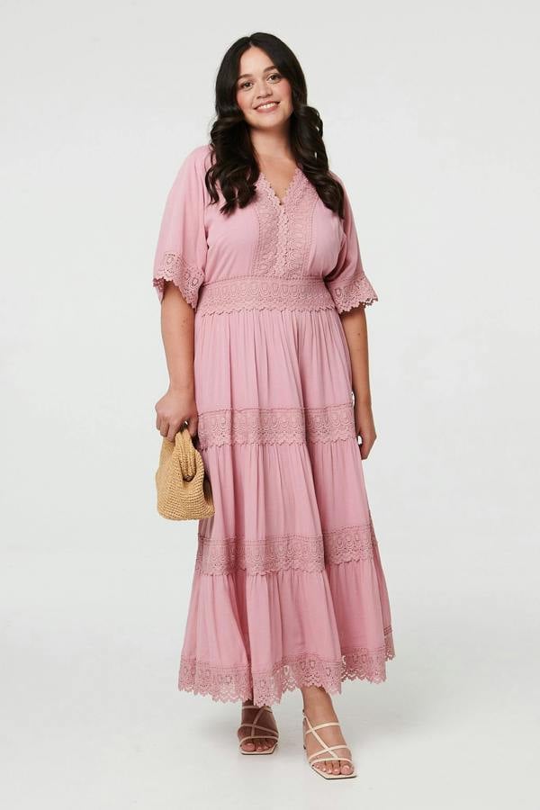 Pink | Curve Tiered Lace Trim Maxi Dress
