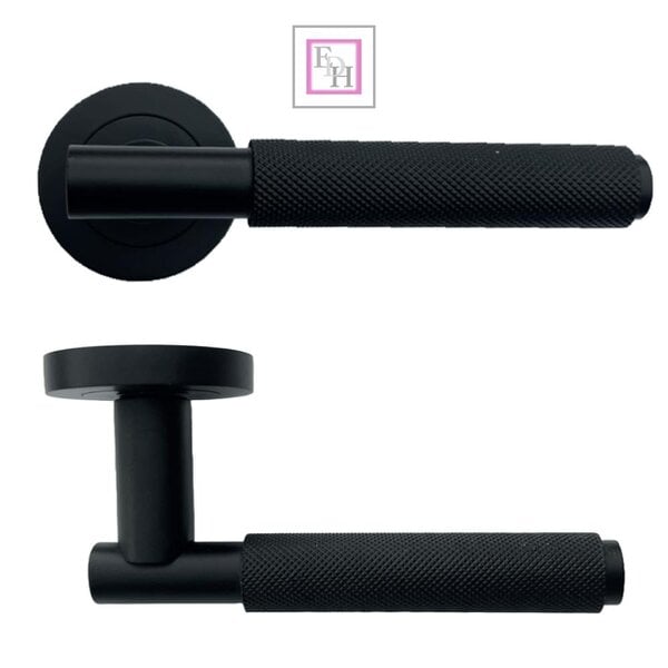 EDH Door Hardware Knurled Door Handles on Round Rose – Polished Chrome, Matt Black & Satin Nickel