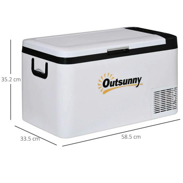 White portable cooler with black lid and foldable handles, with height and width markings