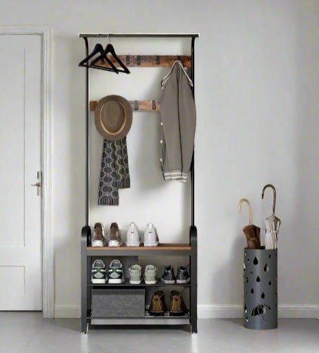 Modcraft Industrial 4-in-1 Coat Rack with Shoe Bench – Hallway Clothes Stand with 9 Hooks