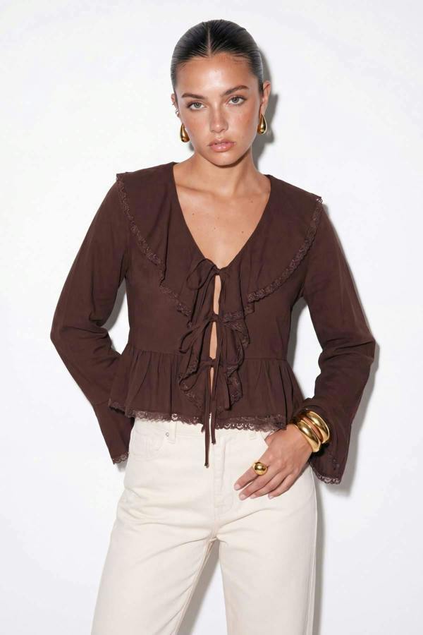 WOVCOR V Neck Long Sleeve Tie Front Lace Detail Blouse