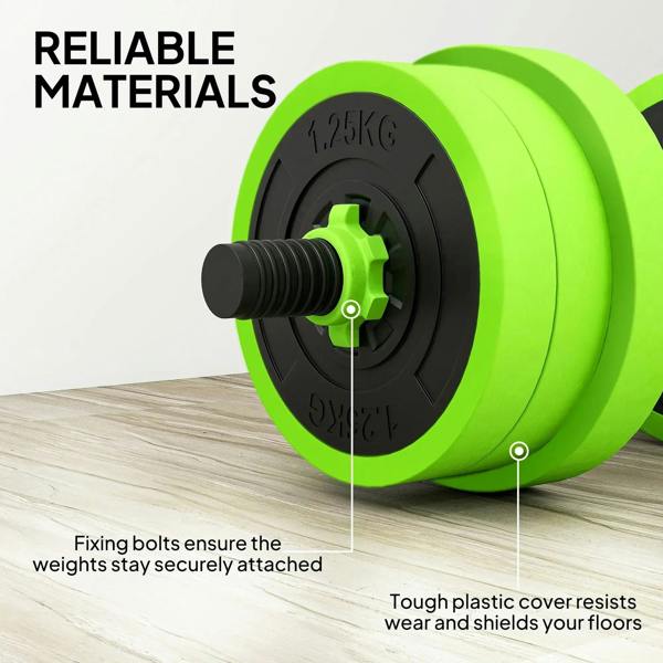 Green weight disc with black center and stacked plates, showing bolts and secure attachment