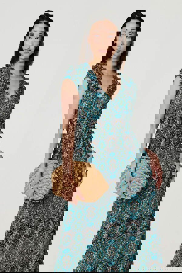 Green | Printed V-Neck Cap Sleeve Midi Dress