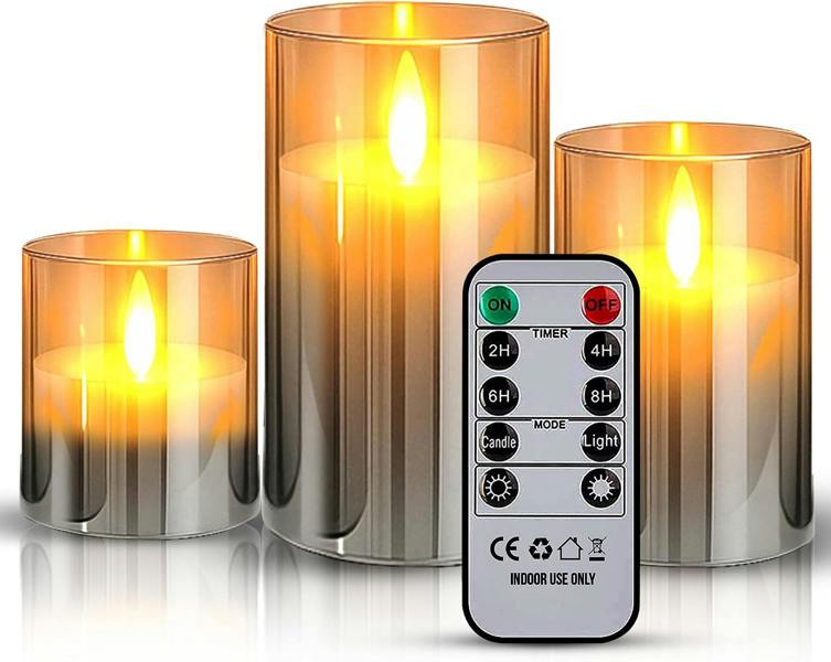 LKH HOME COLLECTION Flickering Glass LED Candles Pack of 3 - Warm White Light Battery Operated Candles with Remote Control