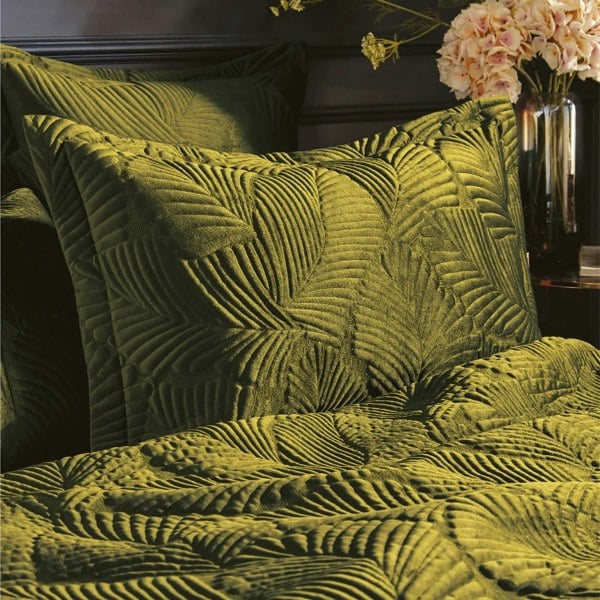 Paoletti Palmeria Velvet Quilted Duvet Cover Set - Moss