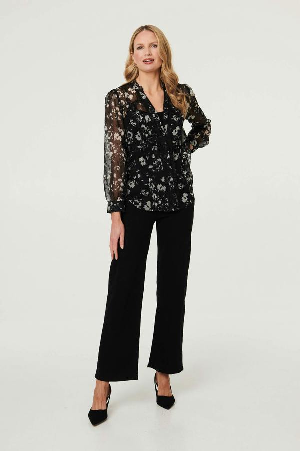 Black | Floral Semi Sheer Layer Lace Trim Blouse