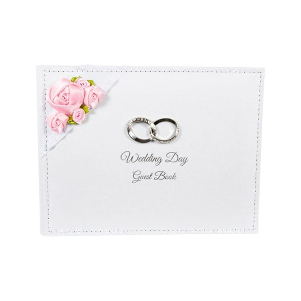 Modern Wedding Day Guest Book with Pink Faux-Silk Roses and Silver Double Rings Image 1