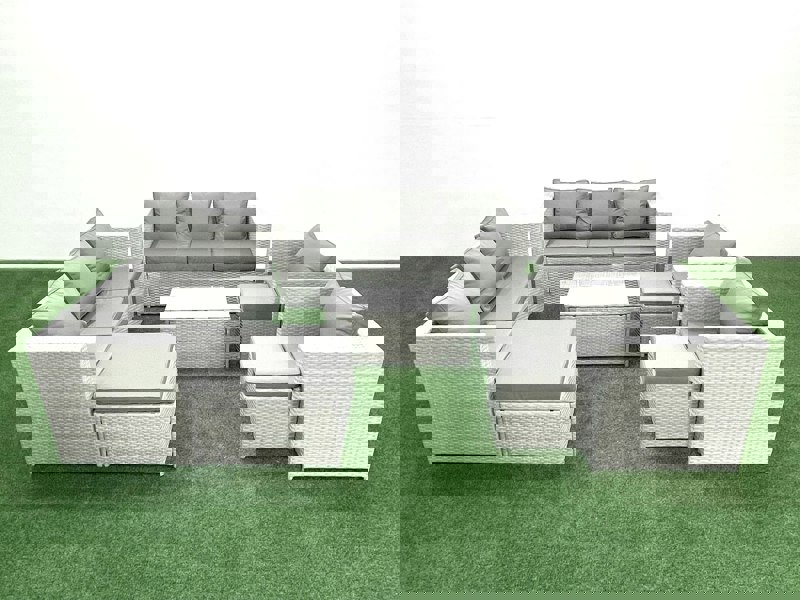 Fimous Outdoor Rattan Sofa Garden Furniture Set with 2 Armchairs Oblong Coffee Table 3 Footstools Light Grey Mixed