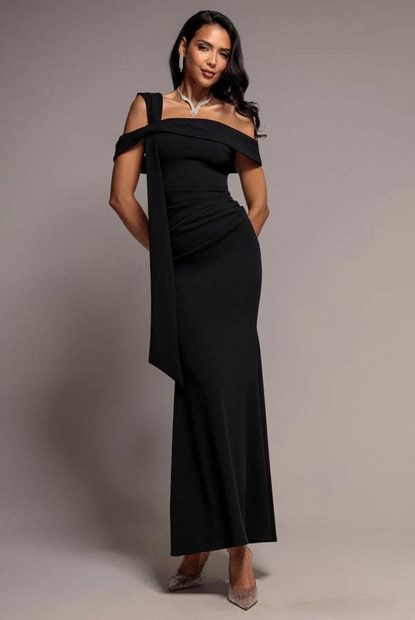 One Shoulder Twisted Bardot Asymmetric Mermaid Maxi Dress - Black DR4910