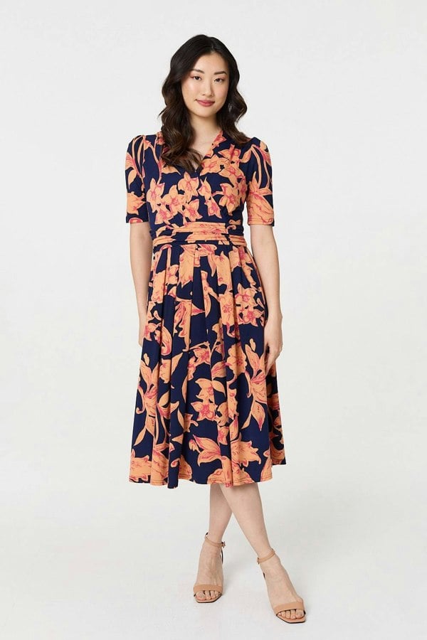 Navy | Printed Shirred Cap Sleeve Knee Length Dress
