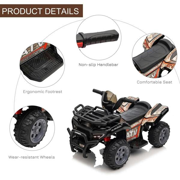 Black kids ride-on ATV with non-slip handlebar, comfortable seat, and four wheels