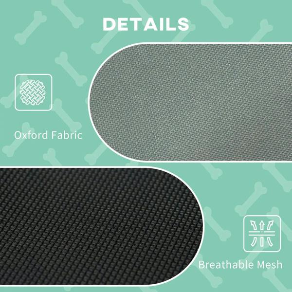 Grey oxford fabric and breathable mesh detail panels for the raised pet cot