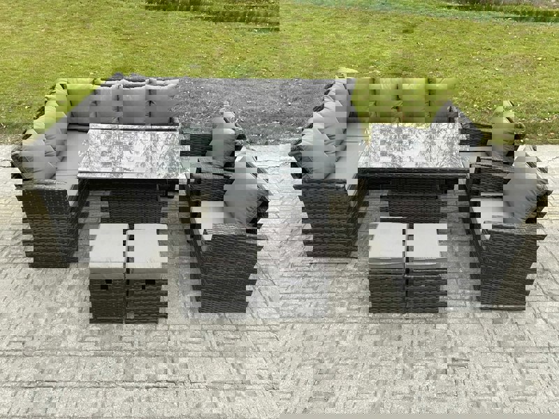 Fimous Dark Grey Mixed PE Rattan Outdoor Dining Set - Height Adjustable Lifting Table, 2 Small Footstools & 2 Armchairs