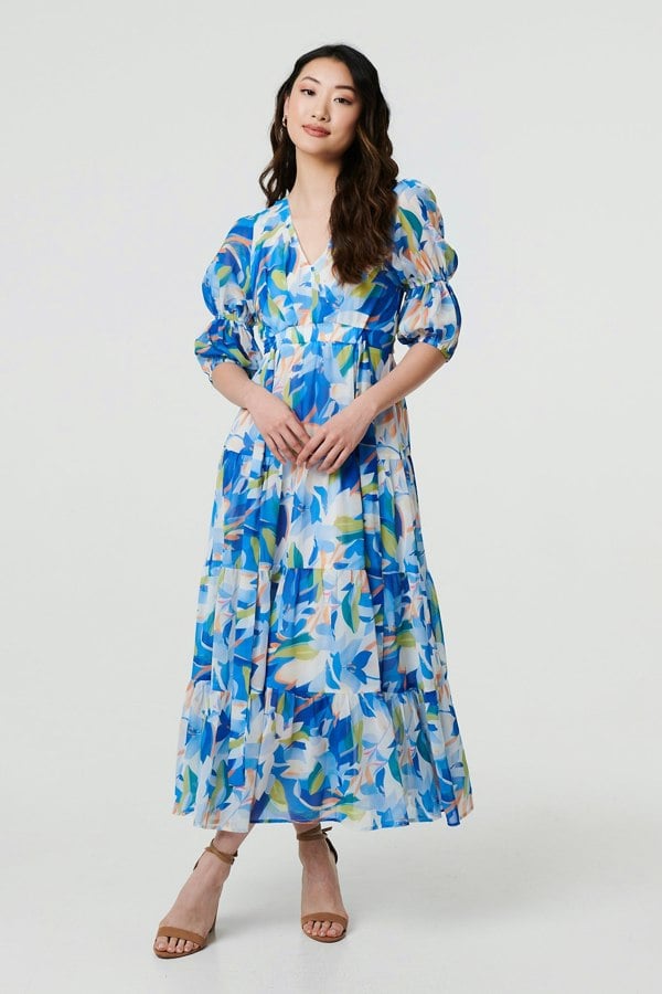 Blue | Abstract 3/4 Puff Sleeve Tiered Maxi Dress
