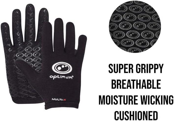 Black Optimum Multi-X glove feature graphic: super grippy, breathable, moisture wicking, cushioned - Optimum