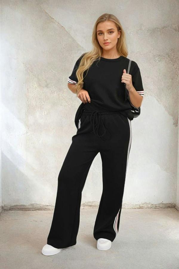 Jennifer Contrast Stripe Top And Wide Leg Trouser Co-ord Set - Black