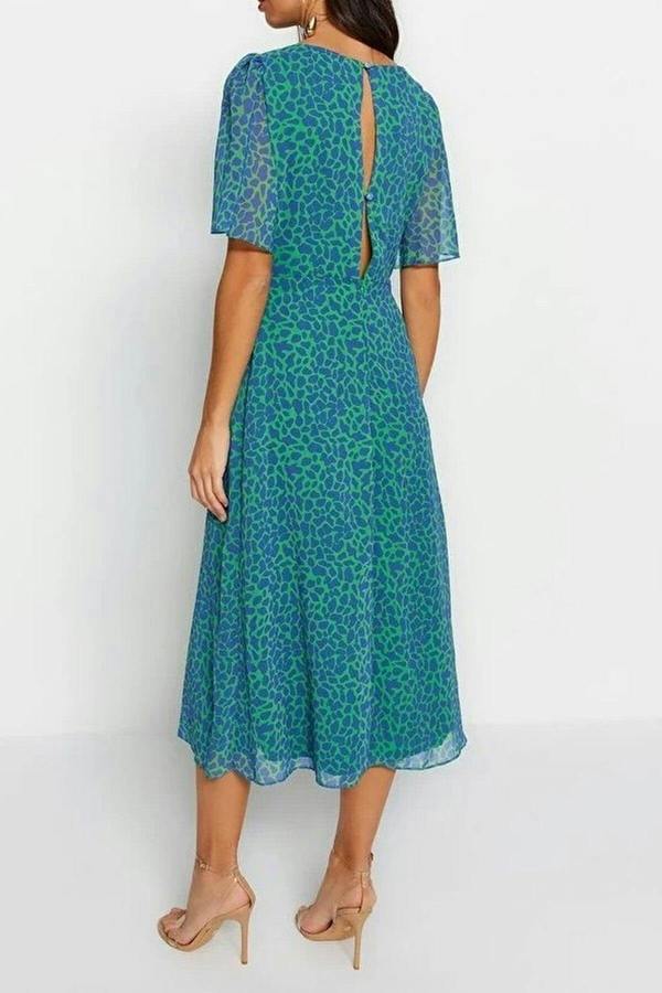WOVCOR Animal Print A-Line Lined Chiffon Midi Dress