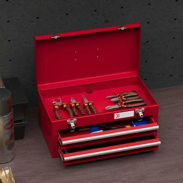Red metal tool chest open with tools inside and two lower drawers with chrome rails