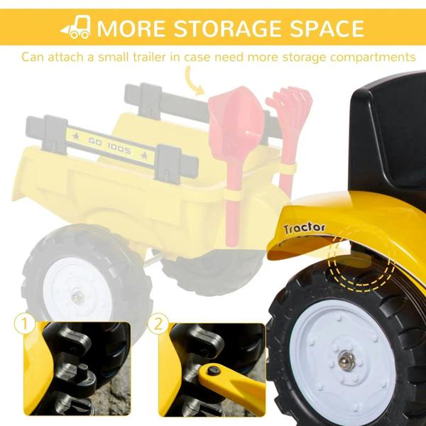 Yellow ride-on tractor go-kart showing possible storage space and attachment area