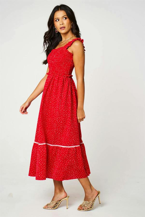 FS Collection Dot Print Hem Detail Maxi Dress In Red