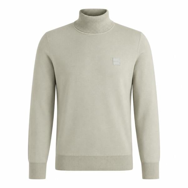 BOSS Akiro light natural roll neck jumper in a fine knit with a ribbed collar, cuffs, and a tonal chest logo patch.