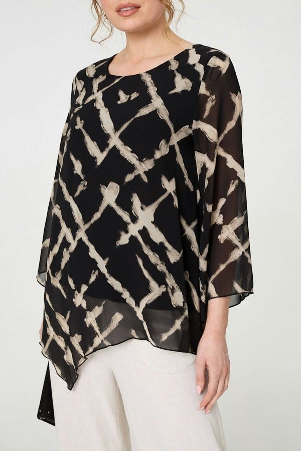 Black | Printed Asymmetric Semi Sheer Tunic Top
