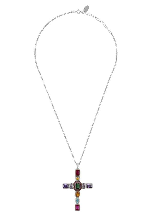 Necklace with a cross pendant featuring multicolored gemstones on a white background