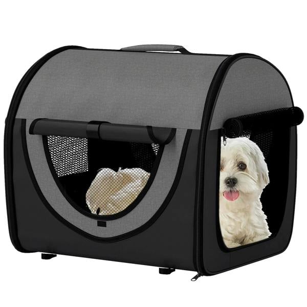 Black fabric folding pet crate with mesh sides and front window, padded cover