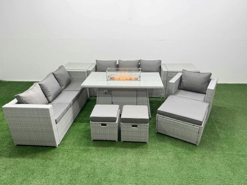 Fimous 10 Seat PE Rattan Lounge Sofa Set Outdoor Garden Furniture Set with Fire Pit Dining Table 3 Seater Sofa 3 Stools 2 Side Tables Light Grey