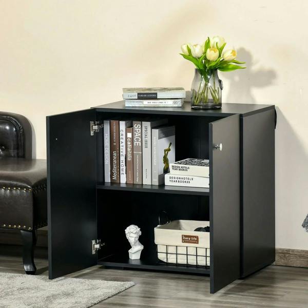 Black sideboard cabinet with open doors and inner shelves for books and decor