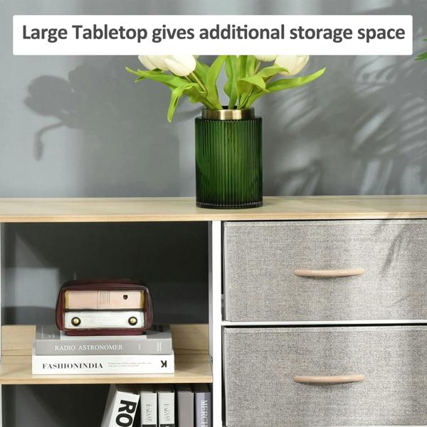 Storage dresser cabinet with grey fabric drawers and open shelves, light wood top