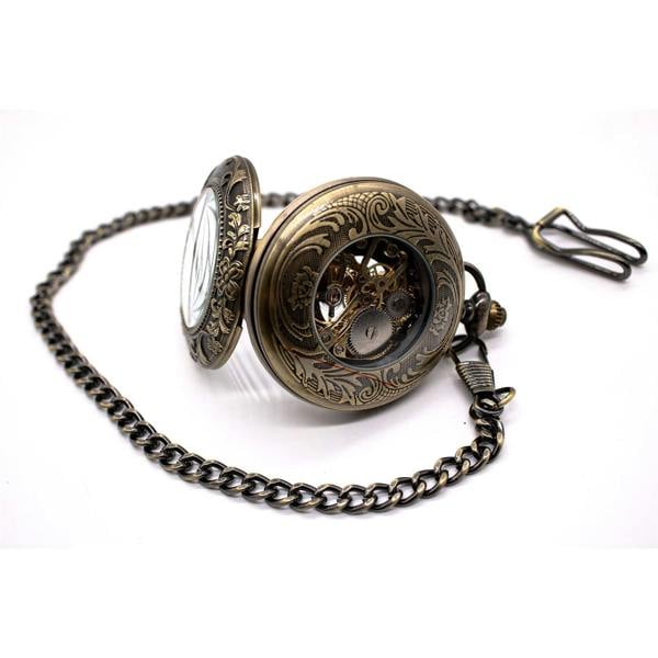 Infinity Leather Vinatage Mechanical Alloy Skeleton Half Hunter Pocket Watch
