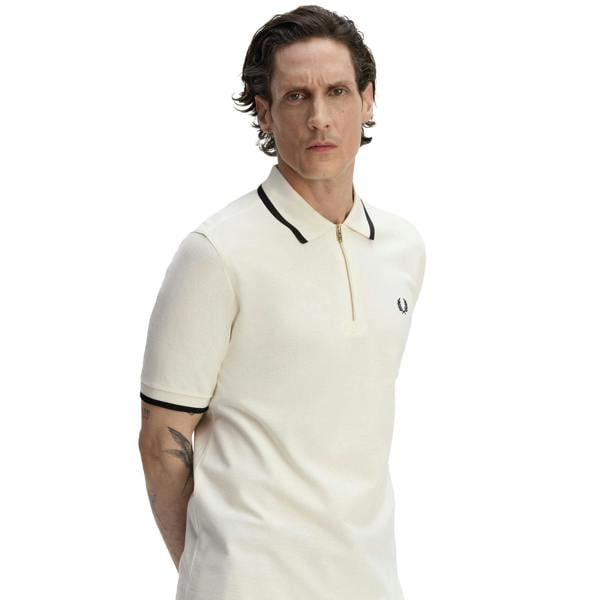 Fred Perry Crepe Pique Zip Neck Polo Shirt Ecru