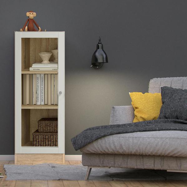 Furniture To Go Basic Low Narrow Display Cabinet In Oak (2 Shelves) with Glass White Door