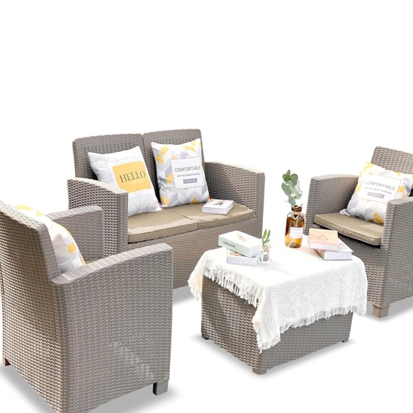 Homeology SANTANA 4 Piece PE Rattan 4-Seater with Cushions Garden Furniture and Coffee Table Set in Greige