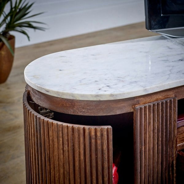 IH Design Miel Mango Wood Large TV Stand With Marble Top & Metal Legs