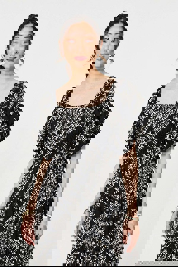 Black | Leaf Print Puff 1/2 Sleeve Midi Dress
