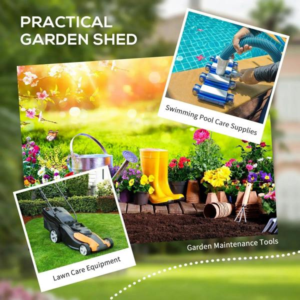 Promotional graphic for garden storage shed accessories and outdoor maintenance items
