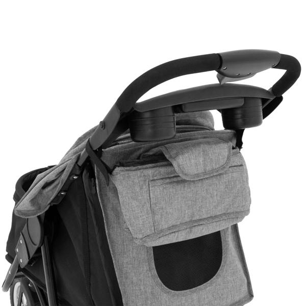 Grey pet jogger featuring a padded handlebar, spacious storage pocket, and breathable mesh panel for ventilation and comfort