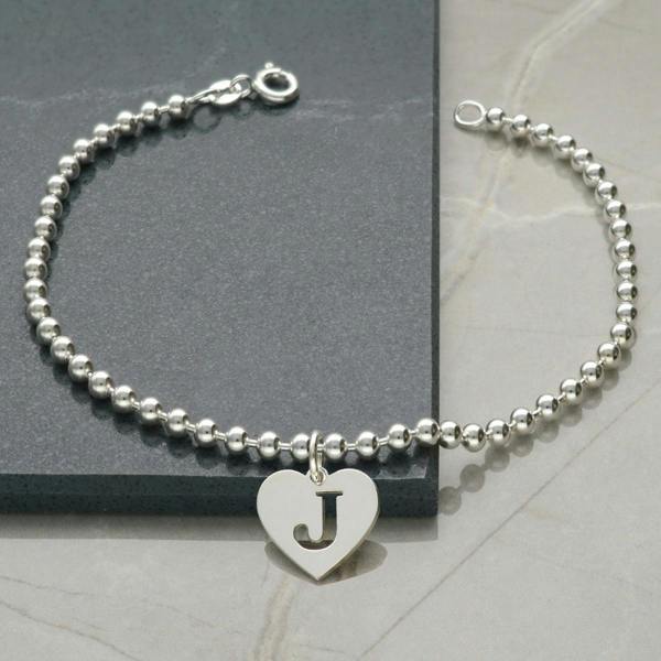 Sterling Silver Bead Ball Anklet With Initial Heart Charm - Love Silver Jewellery