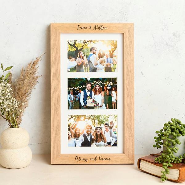 MijMoj Design Personalised Solid Oak Triple Picture Frame with Mount - For 6x4" Photos, Natural Finish